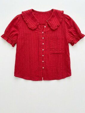 Red Peter Pan Collar Blouse Ruffle Puff Sleeve Dobby Stripe Crop Top M/L(Approx)